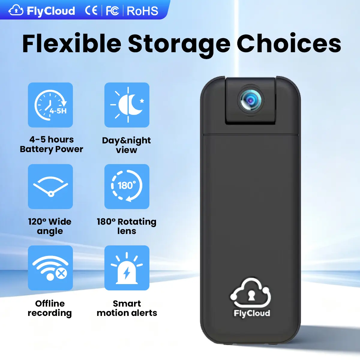 FlyCloud 7 Body Cam - 1080P HD Vlogging Camera with 120° Smart Infrared Technology, 180° Rotatable Head Wide Angle Lens, WiFi, Bluetooth, APP Control, AI Motion Detection, 1900mAh Built-In Battery, 16GB TF Card Included, Video Recorder for Work/Vlogging