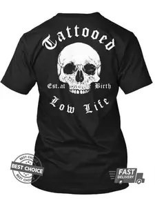 Men'S Tattooed Low Life Est. at Birth Graphic T-Shirt - Black with White Skull & Tattoo Design, Casual Short Sleeve Round Neck Tee for Biker & Edgy Streetwear, Sizes S-3XL (Q9685) - Durable Digital Print, Nostalgia, Men Shirt, Men Clothes, Graphic Tee Men