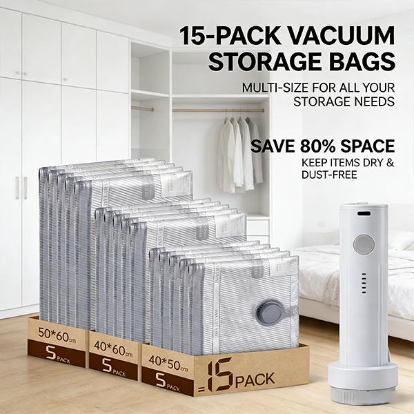 【2026 Upgraded】Cordless Travel Vacuum Storage Compression Bag Set with Rechargeable air Pump 9/15 Pack Waterproof & Reusable Compression Packing Bags for 2 Size,140L/Min Powerful Air Removal，Perfect for Carry-On Suitcases,Valentine's Day gift