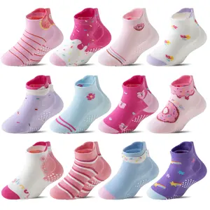 12 Pairs Baby Girls Toddlers Grips Socks Kids Non Slip Anti Skid Ankle Cotton No Show Socks With Grippers Doughnut Socks