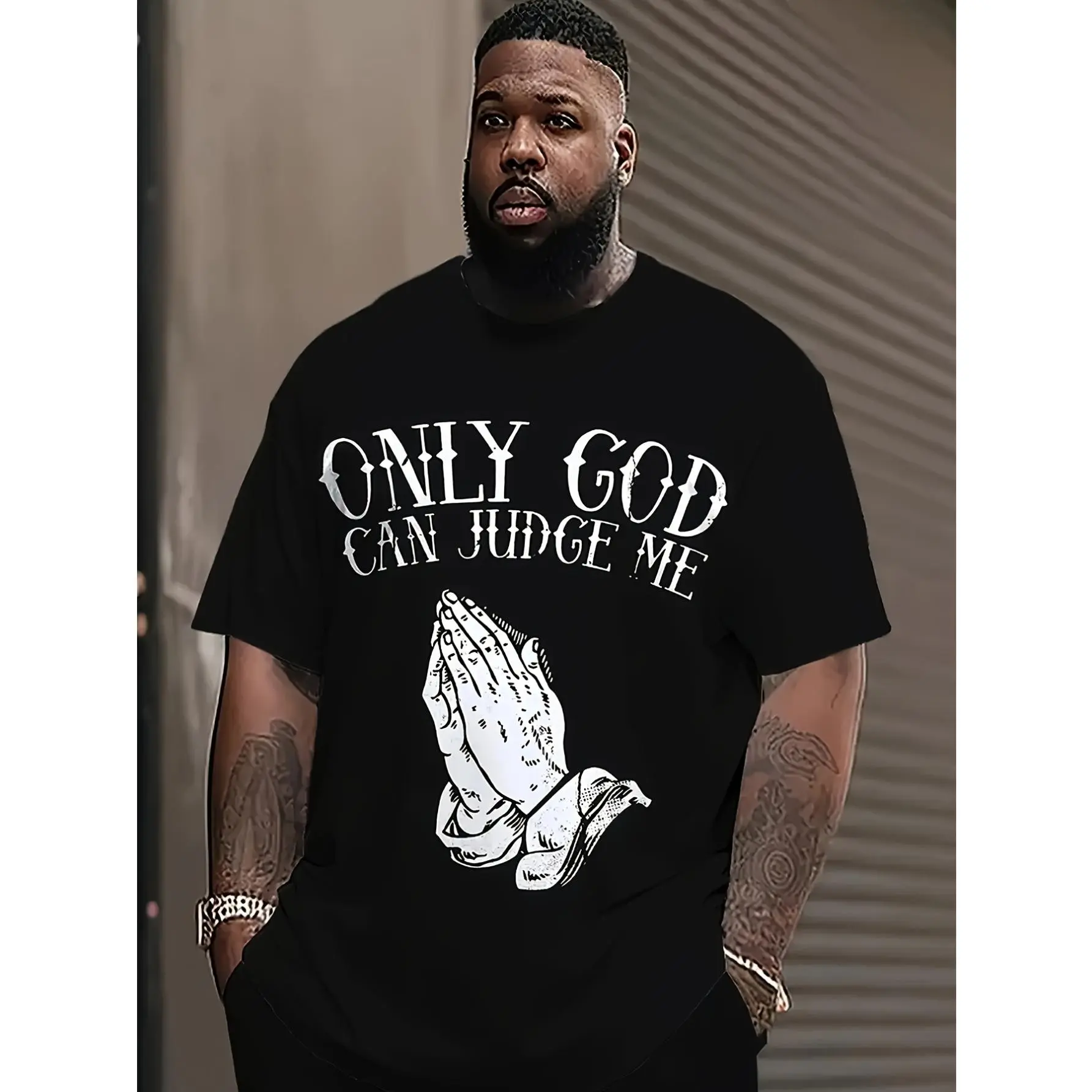 Men's Plus Size Graphic T-Shirt with "Only God Can Judge Me" Print, 100% Cotton Short Sleeve Round Neck Tee, Relaxed Fit Casual Summer Top