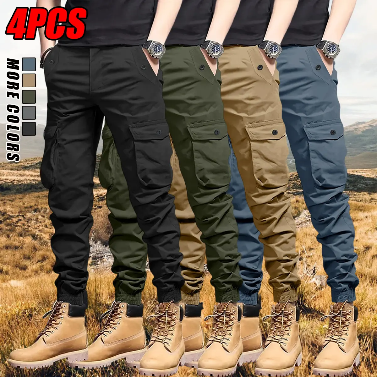 4-Pack Men’s Non-Stretch Cargo Jogger Pants, Multiple Pockets, Breathable, Tapered Cuffs, Utility Work Pants, Durable Workwear for Warehouse, Mechanics, Urban Commuting, Streetwear, and Everyday Casual Wear