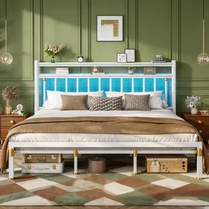 【880LBs Load Capacity】Queen/King Size,2 Storage Shelves Vintage Bed Frame with LED Lights, Metal Platform Bed Frame With Headboard, NO MATTRESS,Under Bed Storage Space & Strong Metal Slats,Noise-Free,Modern Bedroom Furniture,Easy Assembly,White