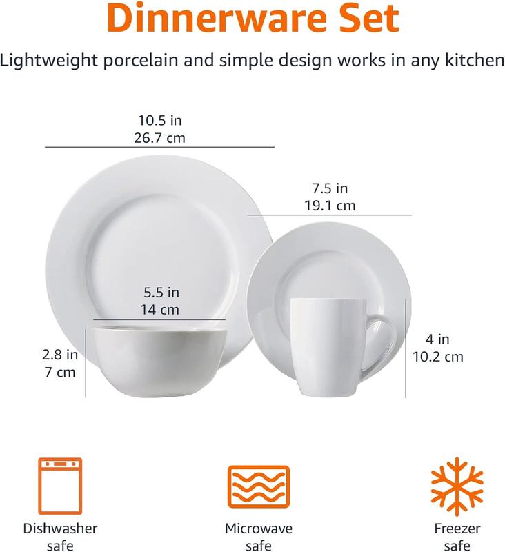 16-Piece Porcelain Kitchen Dinnerware Set with Plates Bowls and Mugs Service for 4 White Elegant Everyday Use Special Occasions