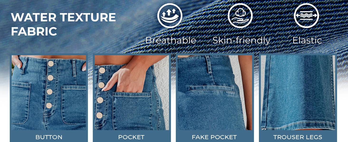 Mundoven Wide Leg Jeans for Women High Waisted Stretchy Straight Leg Cropped Denim Pants Buttoned Baggy with Patch Pockets