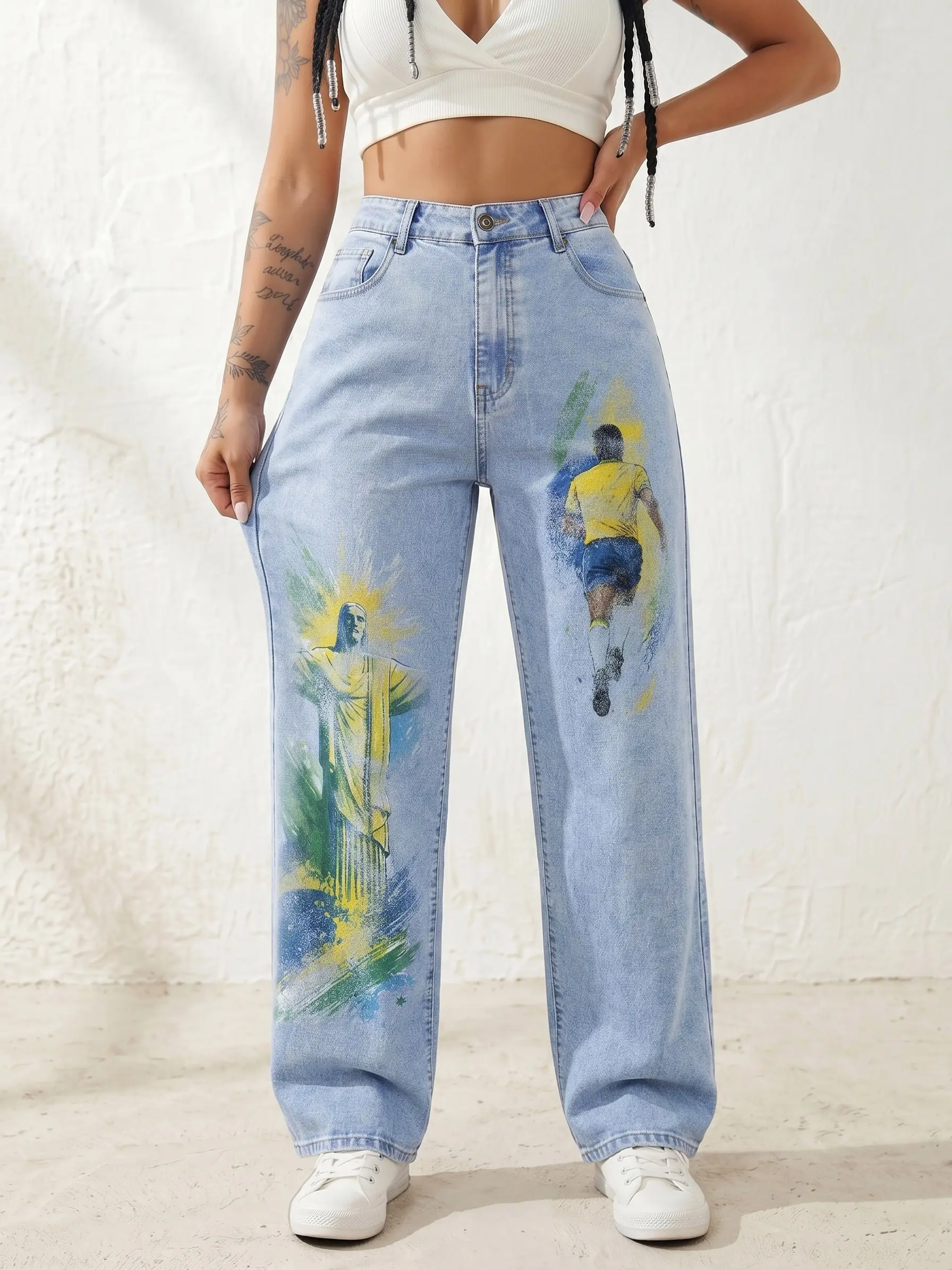 JR JEANIUS WEAR Women’s High-Stretch Light Wash Baggy Wide Leg Denim Pants - Aesthetic Streetwear Soccer Jeans, All-Season Casual Distressed Button Fly, Brazil Patriotic Graffiti Athlete & Christ Monument Print, Comfortable Vibe Daily Wear, Sporty, Oversi