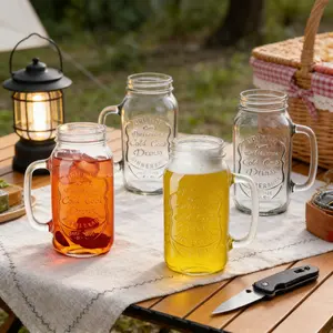 24 oz Mason Jar Cups with Handles, Wide Mouth Iced Coffee Cup, Large Glass Bottle Mug Drinking Jars Tumbler for Smoothie Cold Water Juice Party Beverages, Set of 4