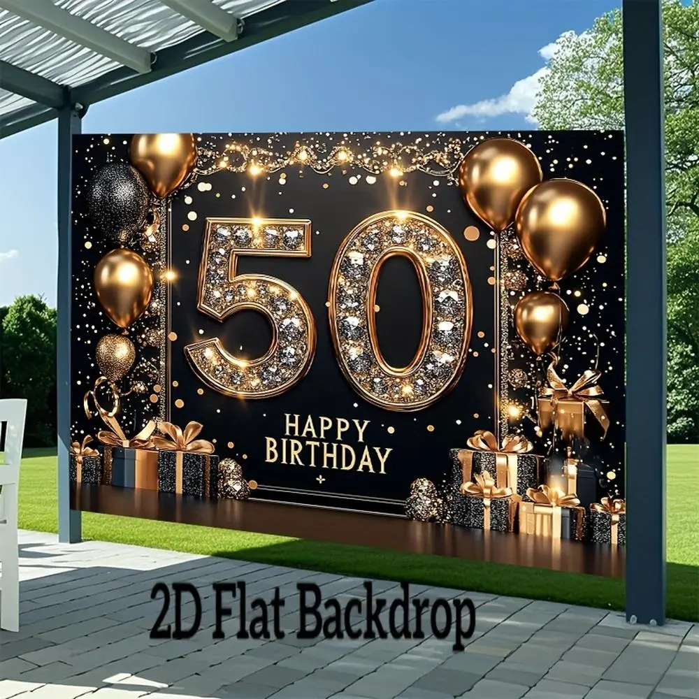 1-Piece Printed Golden 2D Flat 50th Birthday Banner, Polyester Flat Backdrop, Durable Multipurpose Event Decor for Celebrating 50s, Indoor Party Wall & Outdoor Use