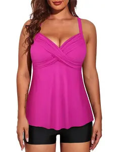 Hilor Women's Underwire Tankini Top Swimwear Twist V Neck Swimsuit Top for Big Busted Flared Flowy Bathing Suits Top