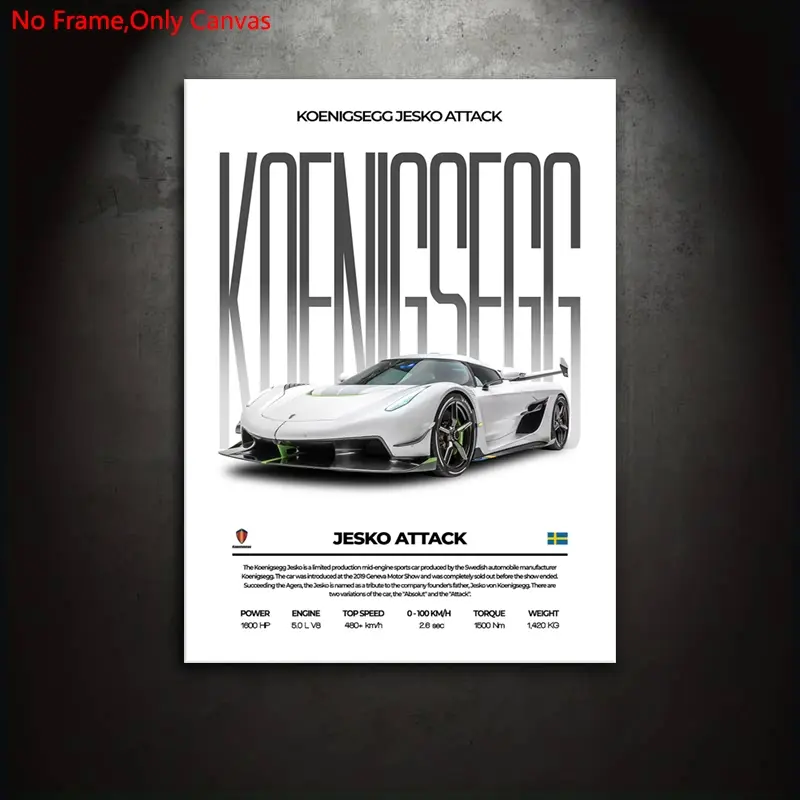 1 set of frameless canvas print, Canvas Prints, unframed wall art, Aesthetic wall decor, minimalist vehicle art, classic Hypercar Koenigsegg Jesko, Artwork, gift for super car lovers, ideal for bedroom, living room, Modern Home Decoration