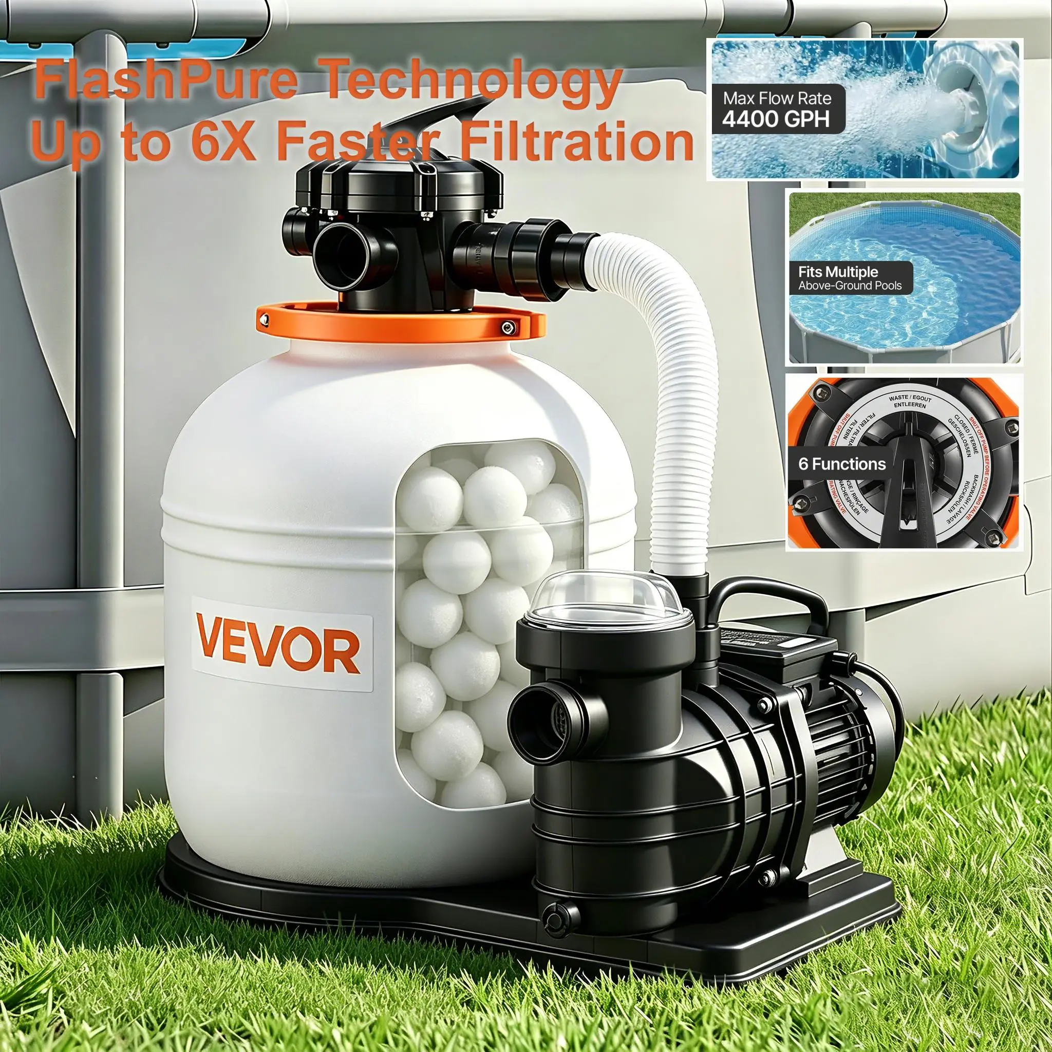 【summerfinds】VEVOR FlashPure Sand Filter Pump, 16 in for Above Ground Pool, 1 HP 4400 GPH, Swimming Pool Filter System with Timer, 6X Faster Filtration with Media Installed, Leak-Resistant, Ready to Use Out of Box, Pool Accessories