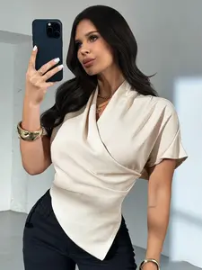 Women’s elegant V-neck slim-fit commuter short-sleeve blouse with an asymmetrical hem and pleat design—an elegant, fashionable summer casual top/blouse