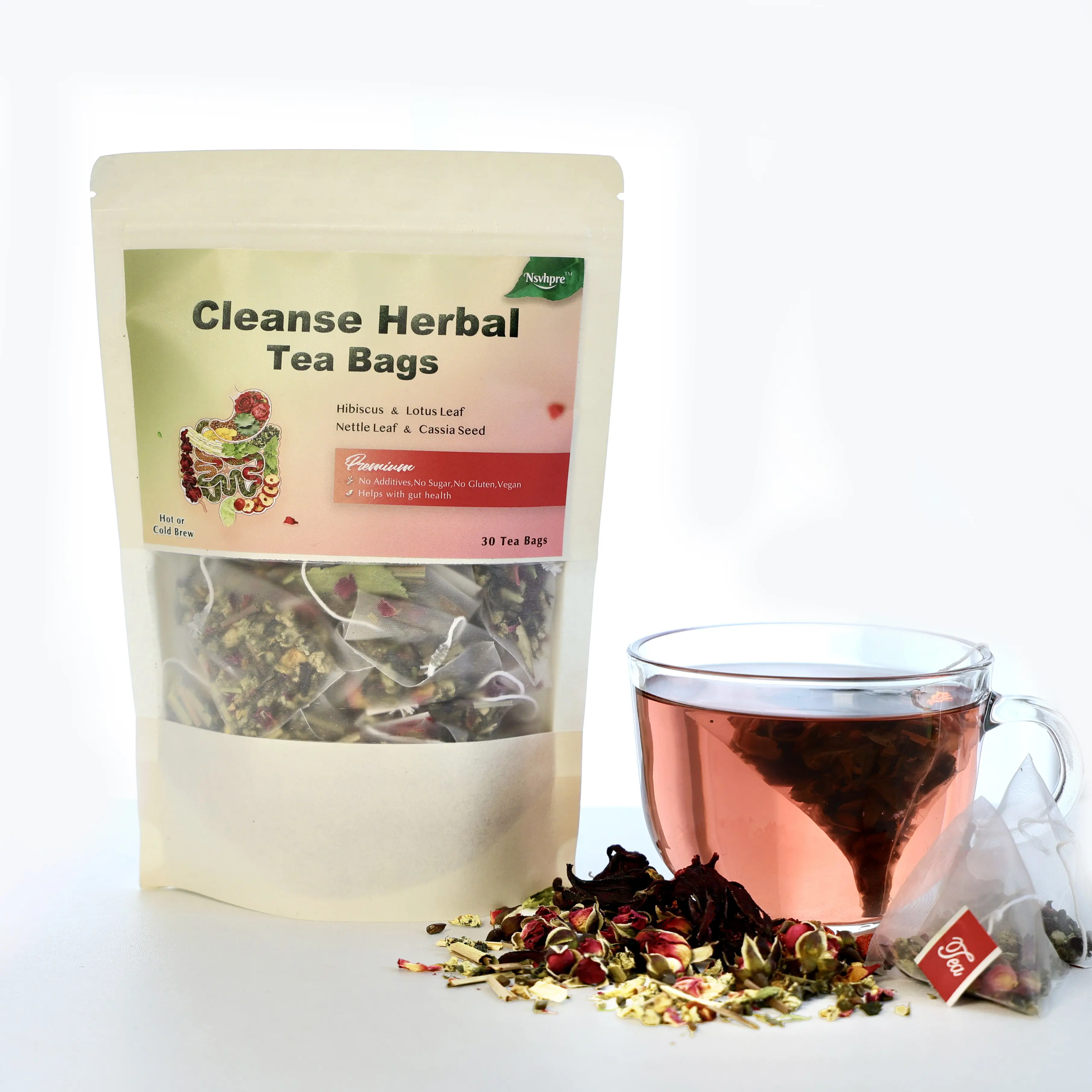 Intestinal Detoxifying Tea Herbal Tea Vegan,  Combination Formula Health Tea 30 Handmade Eco Bags Morning Boost Herbal Tea Cassia seeds, hibiscus flowers, hawthorn, and nettle leaves; formulated from 9 carefully selected natural herbs#DealsForYouDays
