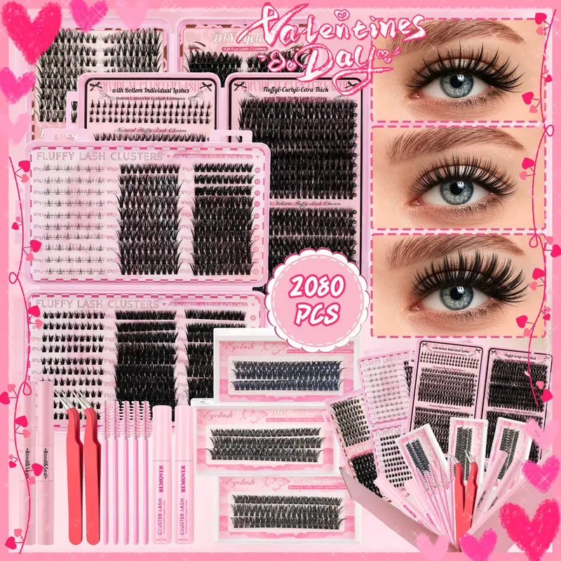 Cluster Lash Extension Gift Set, 30D 40D 60D 80D 100D Natural Styles Cat Eyes Extra Volume, Soft & Lightweight, with Bond & Seal, Remover, Tweezers, Brush, Easy DIY Eyelashes at Home, Salon Look at Home, Long-Lasting Glamorous Effection Valentine's Day, E