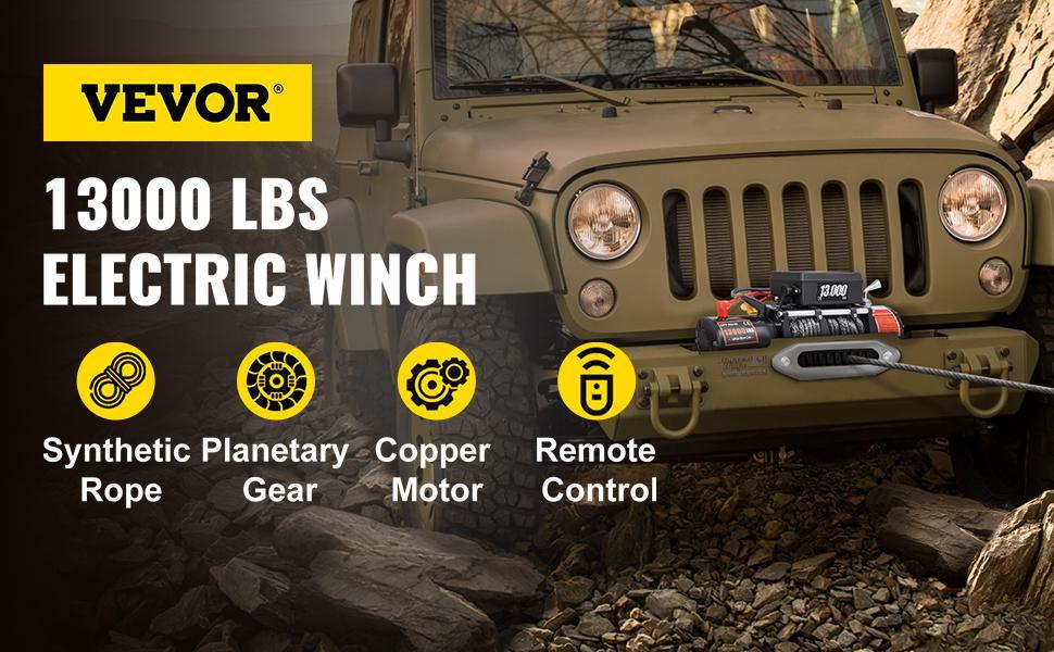 VEVOR Electric Winch 13000lb Load Capacity Truck Winch Compatible with Jeep Truck SUV 65ft/20m Synthetic Rope 12V Power Winch with Wireless Remote Control, TikTokShopBlackFriday, Powerful Motor for ATV UTV Off Road Trailer