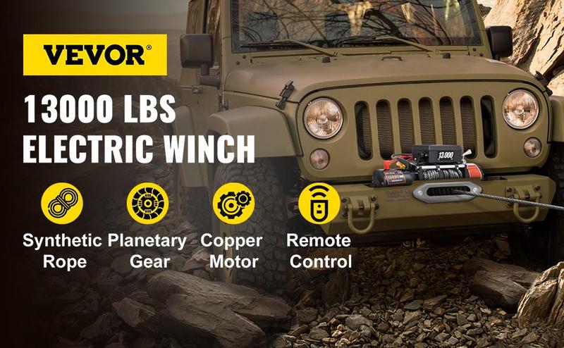 VEVOR Electric Winch 13000lb Load Capacity Truck Winch Compatible with Jeep Truck SUV 65ft/20m Synthetic Rope 12V Power Winch with Wireless Remote Control, TikTokShopBlackFriday, Powerful Motor for ATV UTV Off Road Trailer
