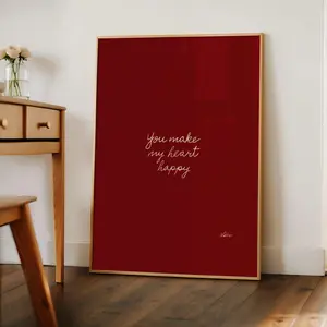 [Sale off up to 65%][Free Ship][No Frame] You Make My Heart Happy Valentine's Day Wall Art, Hand Drawn Love Poster, Trendy Red Print, Retro Burgundy Poster