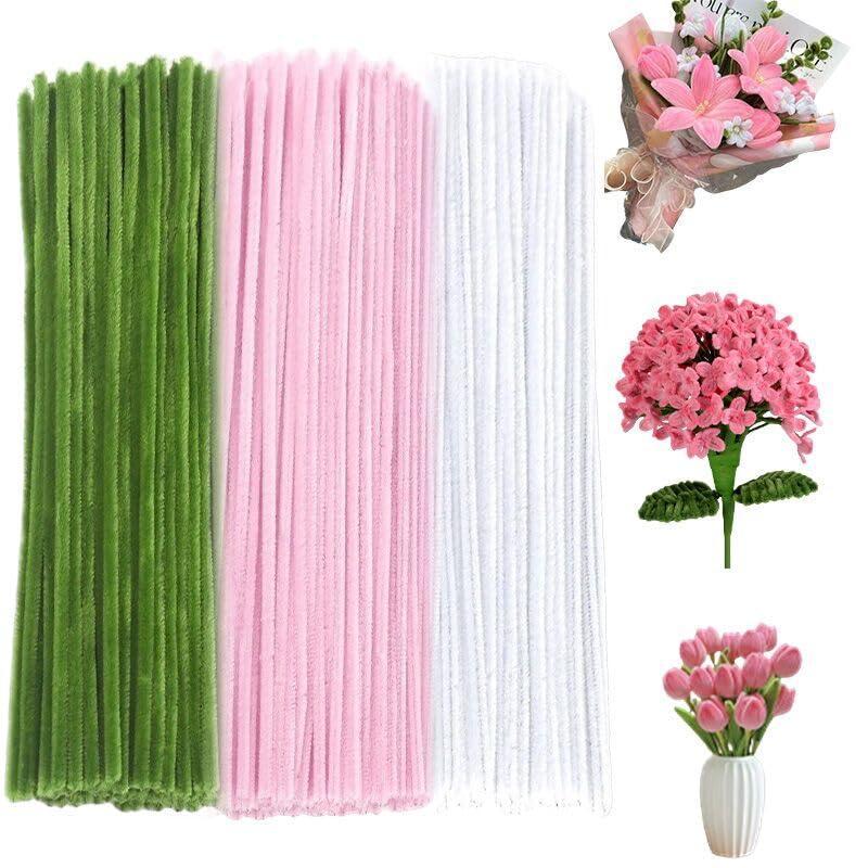 300 pieces of pipe cleaners in 3 assorted colors(pink,white,green), approx. 6mm in diameter, 12 inches in length, to bring life to your creations to satisfy your need Superior Quality: Made of wire and fiber, can be bent, tw