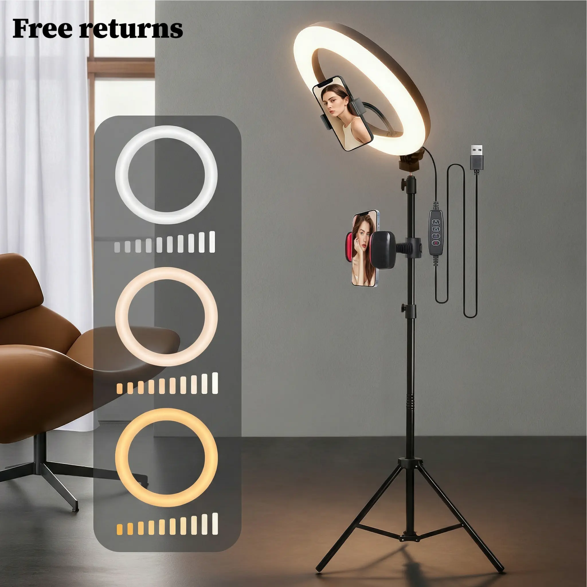 12-Inch Portable Selfie Light Kit, 160cm Adjustable Tripod Stand for Tripod Standing Photo, Cellphone/Mobile Phone Holder, USB-Powered Dimmable Lights, Smartphone Accessories for Filming, Beauty Makeup