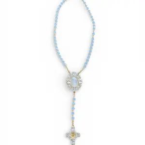 Virgin Mary Rosary Necklace with Crystal Cross – Gold Beaded Catholic Prayer Necklace, Spiritual Protection Jewelry, Faith Gift for Her,