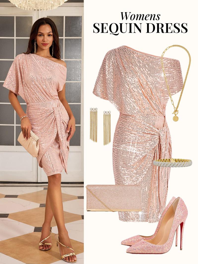{Size runs Small} GRACE KARIN Cocktail Dresses forEvening Party One Shoulder Ruched Sequin Dresses