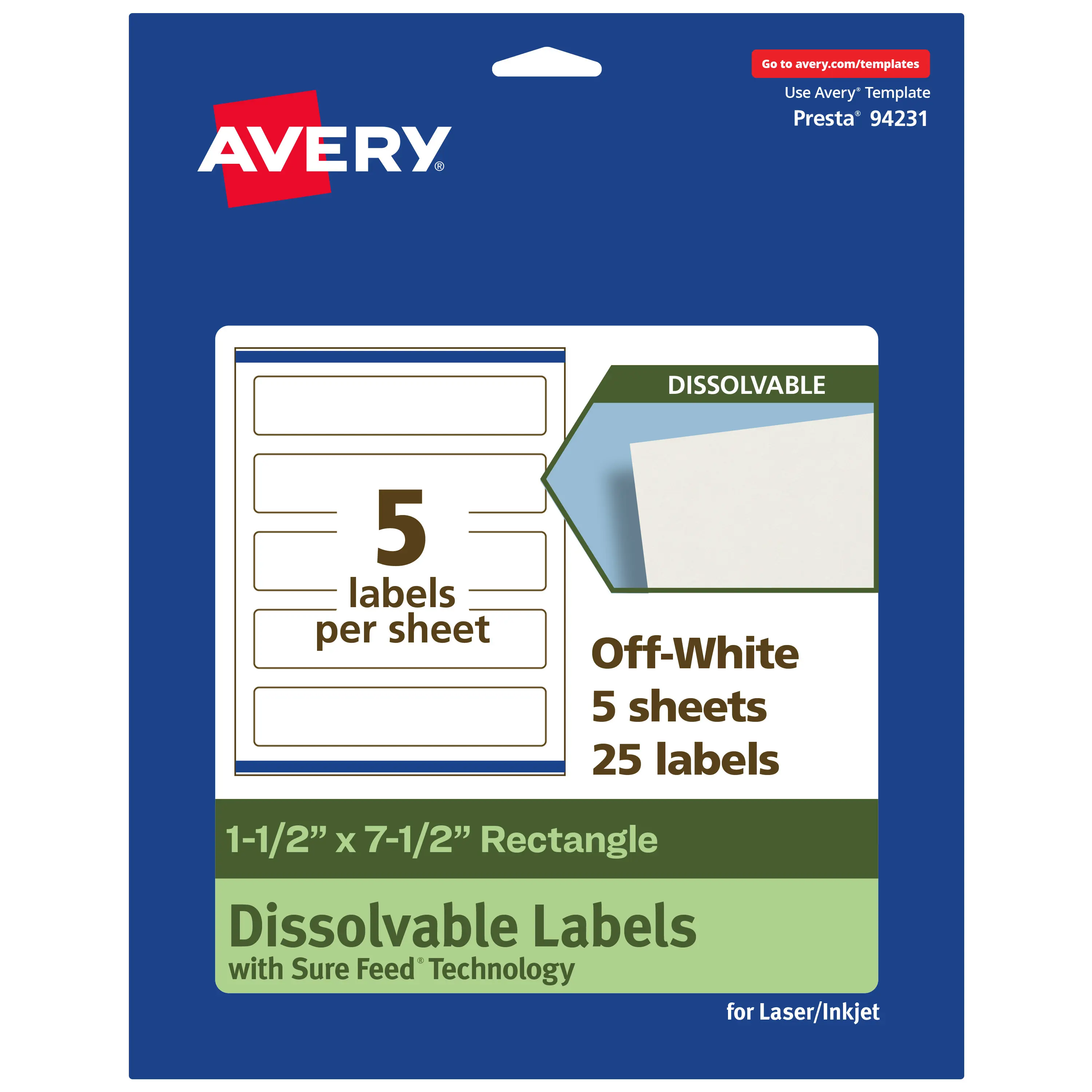Avery Eco-Friendly Dissolvable Adhesive Labels, 1.5in x 7.5in Rectangle - Business Use, Laser/Inkjet Compatible, Easy Cleanup, 1.5" X 7.5"