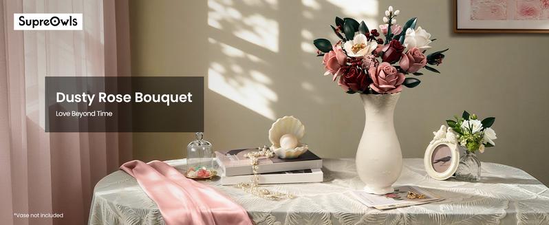 Supreowls Pink Roses Flower Bouquet Building Set, Artificial Flowers Botanical Collection Kit for Adults Women & Men - Gift for Valentines Day, Home Room Office Shelf Centerpieces Decor