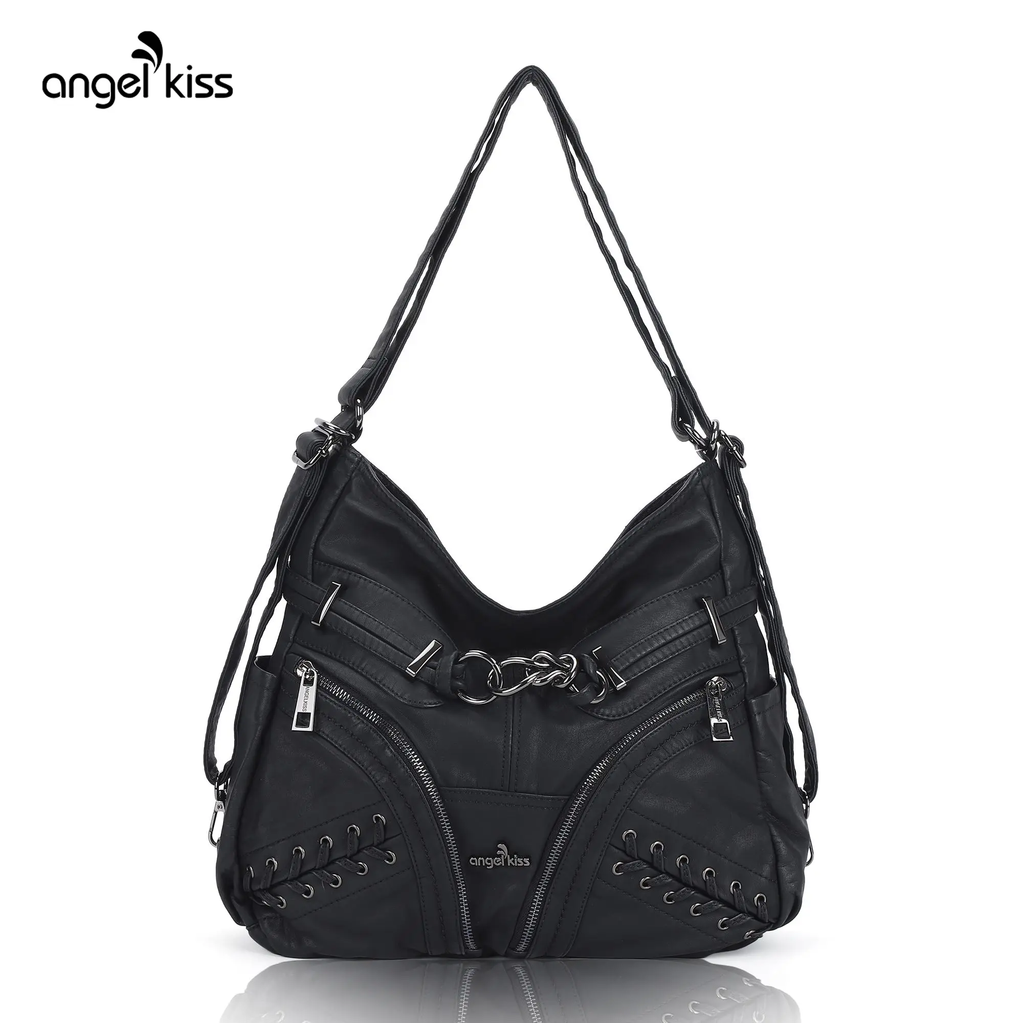 Angel Kiss Women's Black Leather Handbag Satchel - Lightweight Single-Shoulder Bag with Zipper, Multi-Pocket Soft Design, Detachable Strap Crossbody Tote (Bags for Women), Handbag Shoulder Bag, Angel Kiss Bag tiktokshopbacktoschool
