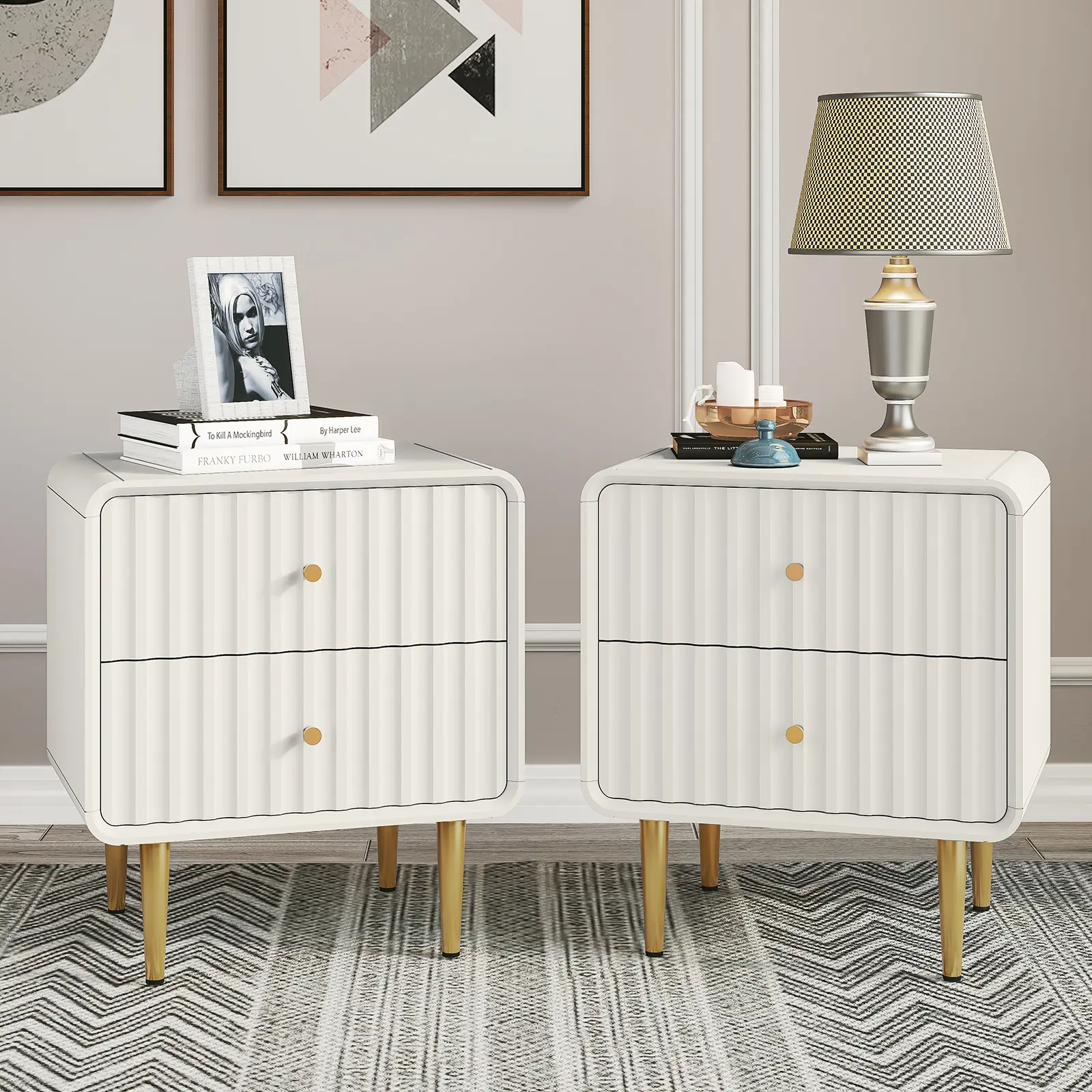 [summerwins] HLR Modern White Bedroom Nightstand, Recessed Bedside Table with 2 Storage Drawers, Wooden End Table with Gold Metal Handles sohochic