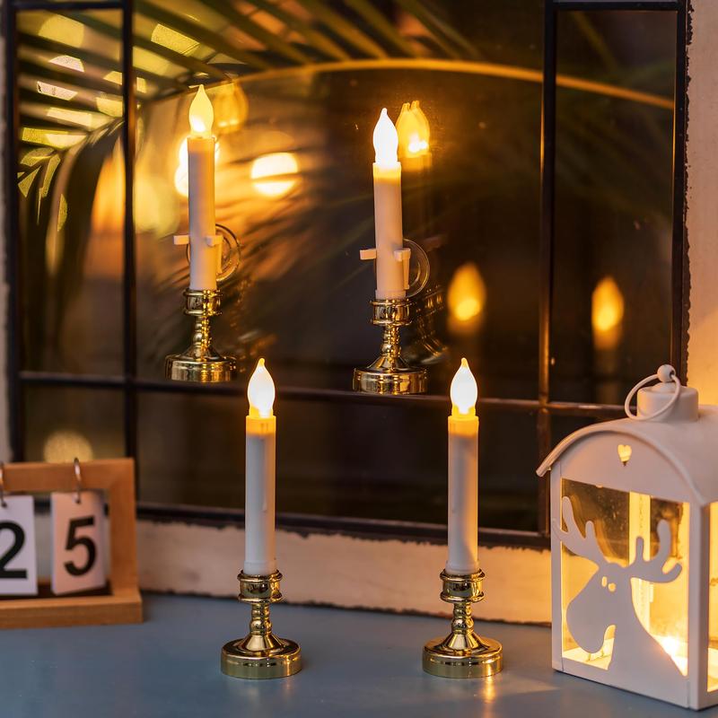 Christmas Window Candles Remote - Battery Operated LED Flameless Taper with Suction Cup Flickering Electric Candlestick Lights Gold Decoration
