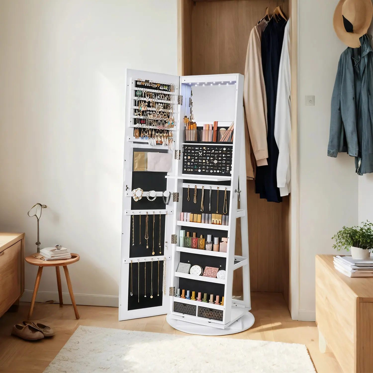 SONGMICS Lockable LED Lighted Jewelry Mirror Cabinet - Standing Jewelry Armoire with 3 Storage Shelves, Large Full-Body Mirror, Door-Mounted Home Organizer, Christmas Gift Decor, Large Mirror