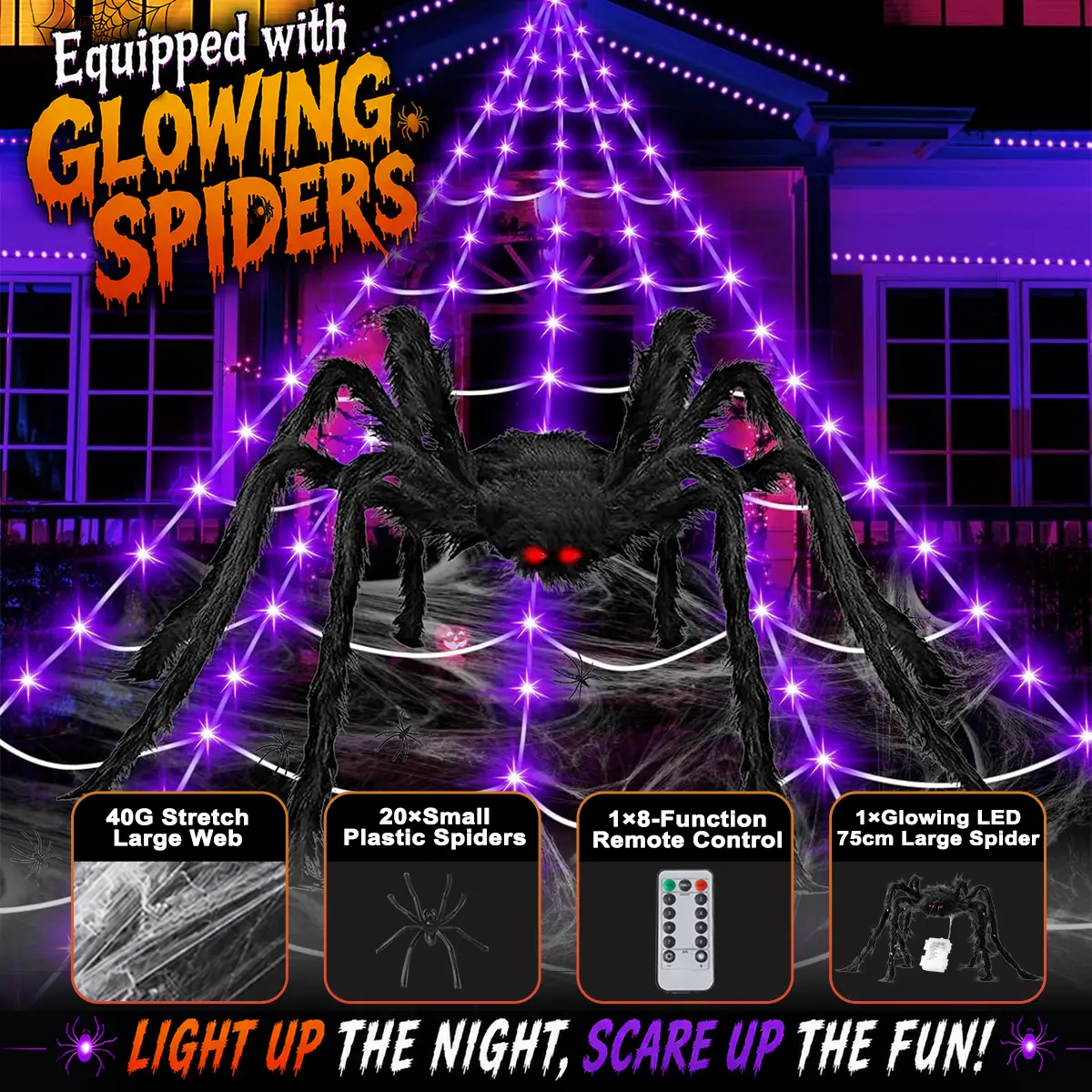 Scary Giant Halloween Spider Web Lights Set - 16.4ft 250 LEDs, 2.46ft Plastic Light-Up Big Spider, Violet/Violet & Orange Options, Outdoor Yard Haunted House Tree Hook Decor, Lighting