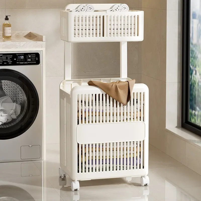 2-Tier Rolling Laundry Hamper, Collapsible Detachable Dirty Clothes Basket With Wheels, Large Capacity Ventilated Organizer, For Bathroom Laundry Room Bedroom, Durable Plastic Sorting Storage Bin