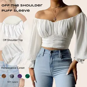 Imily Bela Womens Elegant Off The Shoulder Puff Sleeve Blouse Summer Chiffon Slim Fit Party Crop To