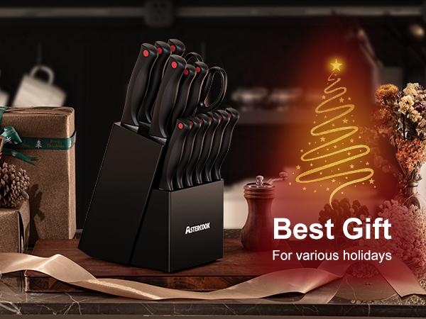 Astercook 14 piece kitchen knife set, dishwasher safe, high carbon stainless steel knives, kitchen utensils black knives butter knives Block Cutting