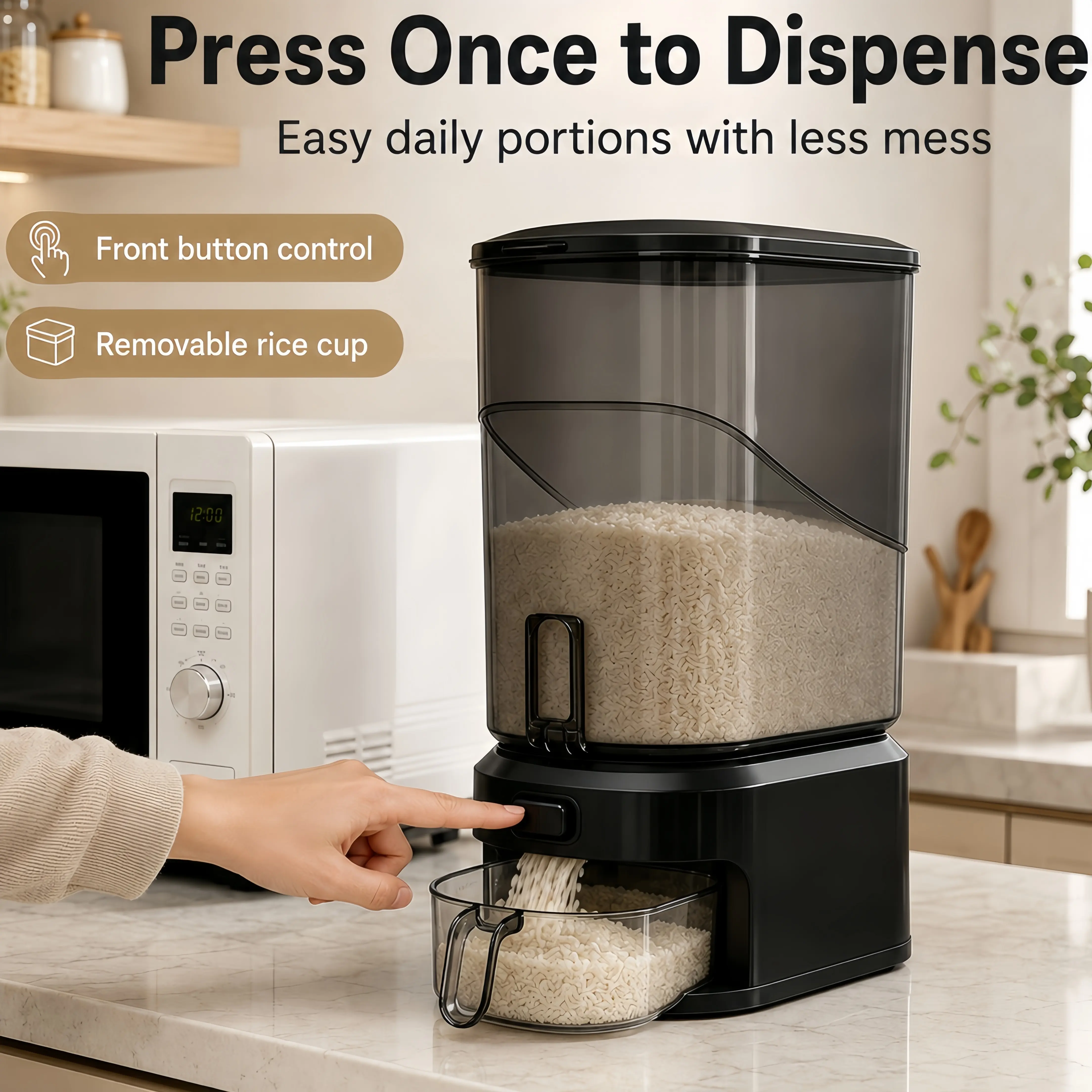 Modern Airtight Rice Dispenser Storage Container - 7.1in Ultra Slim Narrow Profile, 1-Touch Dispense, PC/ABS Blend Transparent Frosted Grain Bin, Removable Measuring Cup, Top Spice Box for Countertop & Narrow Cabinets, One-Touch Dispense Kitchen Utensils