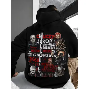 Stylish Men'S Horror Themed Hoodie with Cartoon Print and Kangaroo Pocket for Cozy Autumn Winter Wear