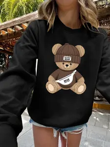 Women's casual sports sweatshirt with bear print, stylish long sleeves, suitable for all seasons.