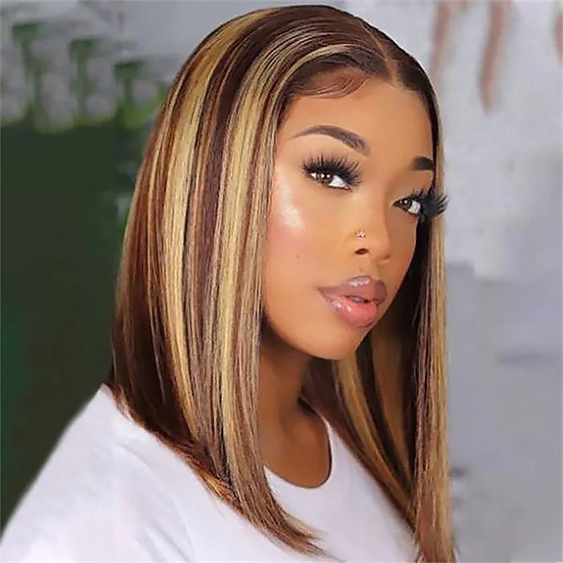 [New In] Wiggins Hair Highlight Straight Bob Wig Glueless 7x4 Lace Closure Wigs Human Hair Ready To Go Wig Honey Blonde Highlights with Brown Hair