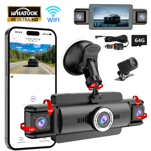Whatook 4 Channel 360° 4K Ultra HD Dash Cam Front and Rear Inside, 3.5" Display WiFi & APP Control, G-Sensor, Voice Control Car Camera, with 64GB SD Card, Night Vision, 24H Parking Mode