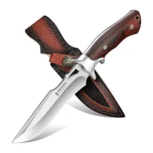 DRAGON CREEK Outdoor Knife with Wooden Handle Leather Sheath for Fishing Camping Men Gift
