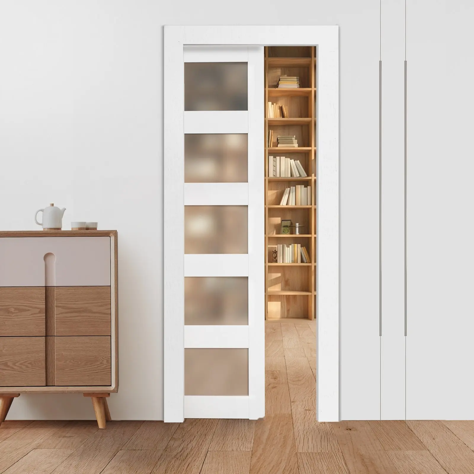 Sliding Pocket Door 30 X 80 Inches, 5-Lite Frosted Glass Panel Sliding Door for Interiors, Space-Saving Pocket Door with Soft-Close Track, Reversible Left or Right, Durable Aluminum Frame, Smooth Operation and Easy Installation