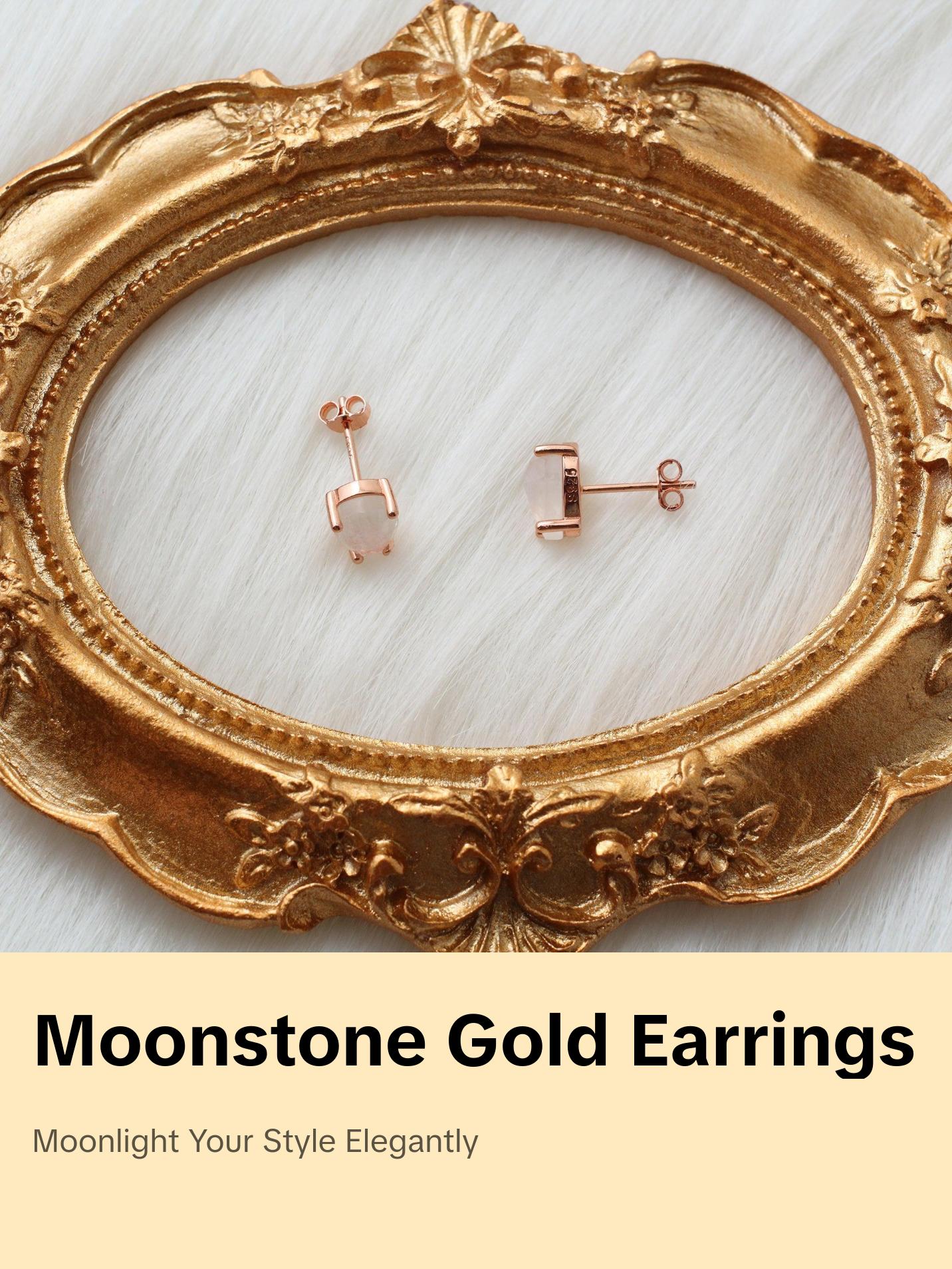 925 Sterling Silver Moonstone Stud Gold Earrings