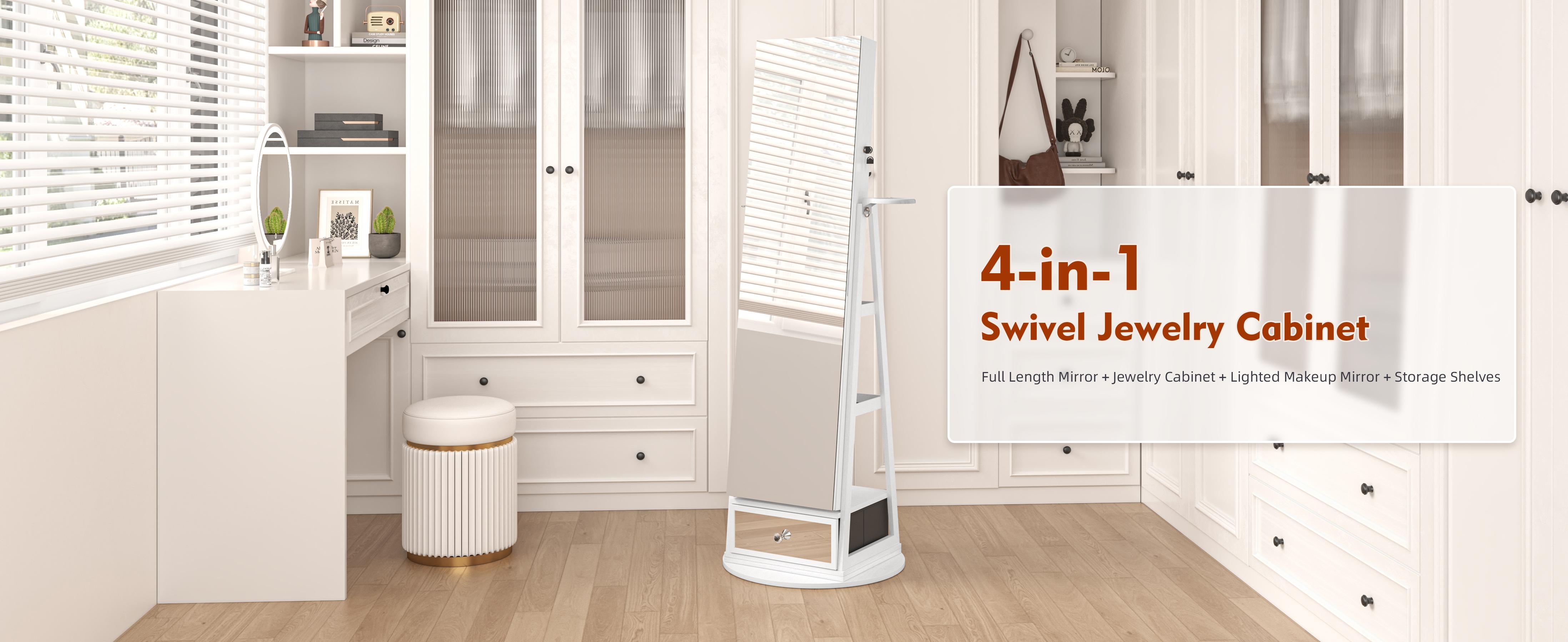 [Valentine's Day gift]LHBCRAFT 360° Swivel Jewelry Cabinet with LED Light, mirror cabinet, jewelry armoire, Mirror with Storage, Standing Jewelry Armoire Organizer gift idea