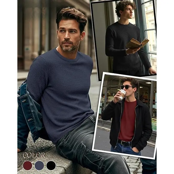 3 Pack Men's Waffle Long Sleeve Shirts, Crew Neck Thermal Underwear Tops Casual Pullover Sweaters Knit Undershirts 3 Pack Men's Waffle Long Sleeve Shirts, Crew Neck Thermal Underwear Tops Casual Pullover Sweaters Knit Undershirts