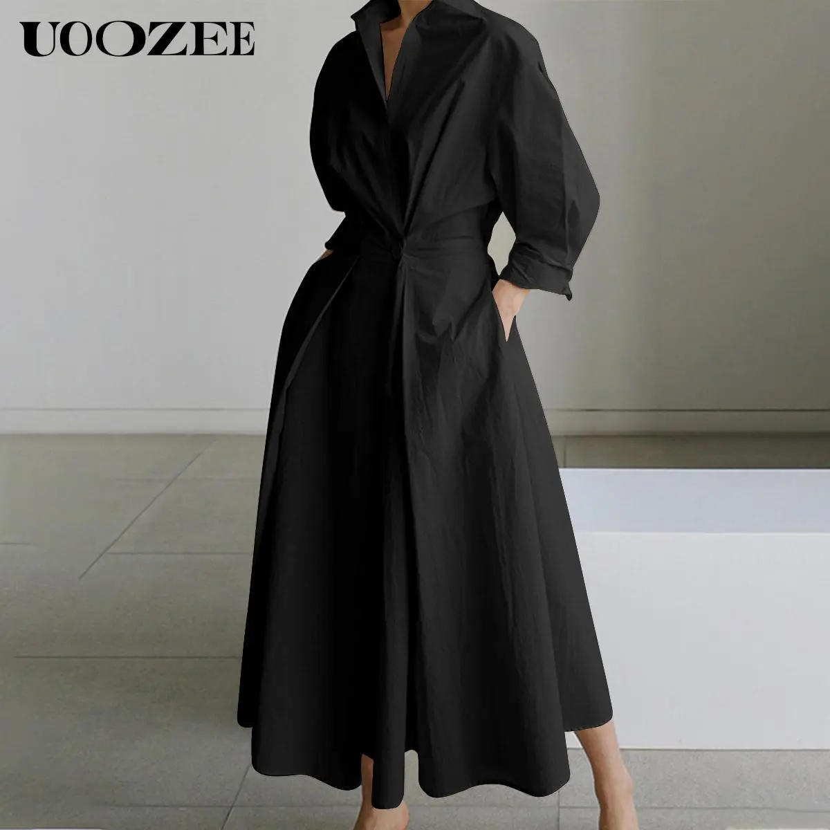 UOOZEE Women's Loose Solid-Color Lapel Midi Dress - Long-Sleeve, Waist-Designed, Pockets, Modest, Comfortable, Long Sleeve Dresses Ideal for Commuting & Formal Occasions, Elegant Dresses For Women