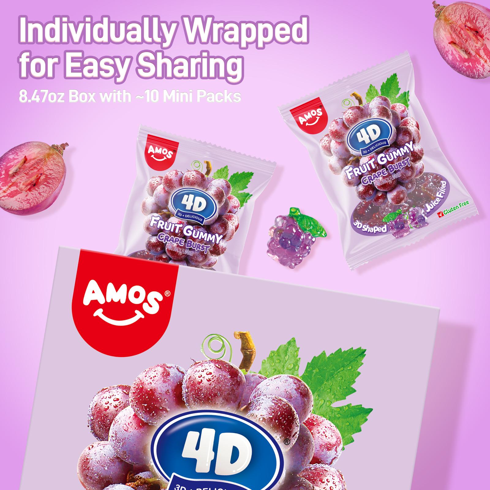AMOS 4D Fruit Burst Gummies - Sweet & Chewy Bonbons - 240g Big Fun Pack - Strawberry Pineapple Lemon Peach & Grape - Gluten Free - 3D Heart Shape - Resealable Packaging