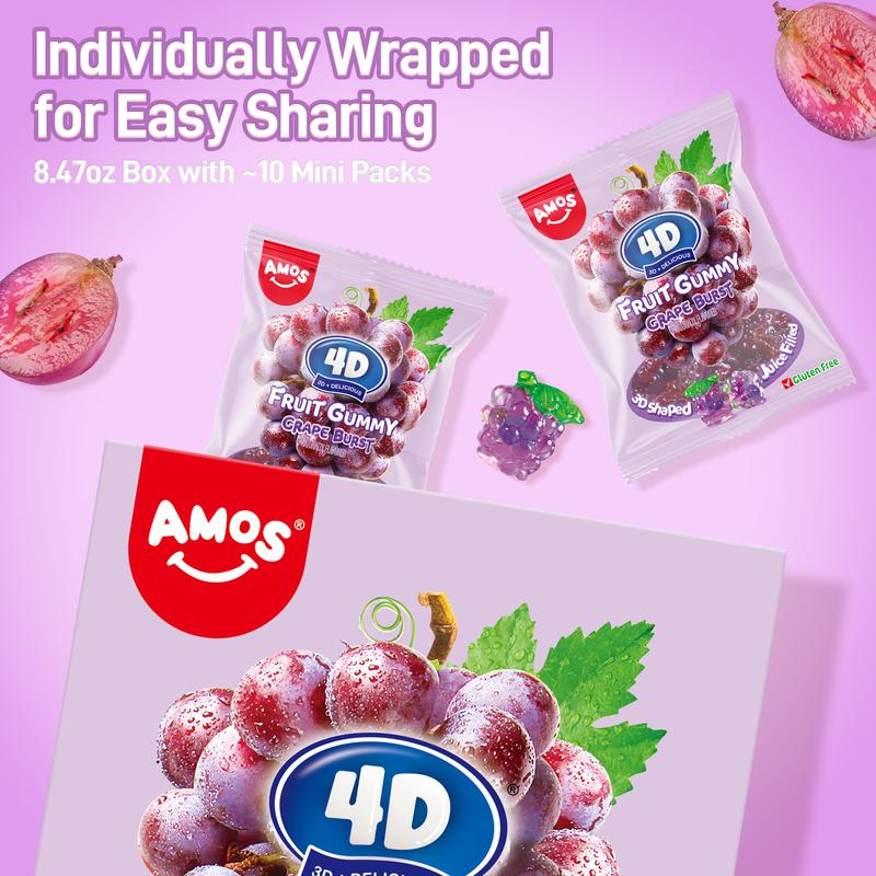 AMOS 4D Fruit Burst Gummies - Sweet & Chewy Bonbons - 240g Big Fun Pack - Strawberry Pineapple Lemon Peach & Grape - Gluten Free - 3D Heart Shape - Resealable Packaging