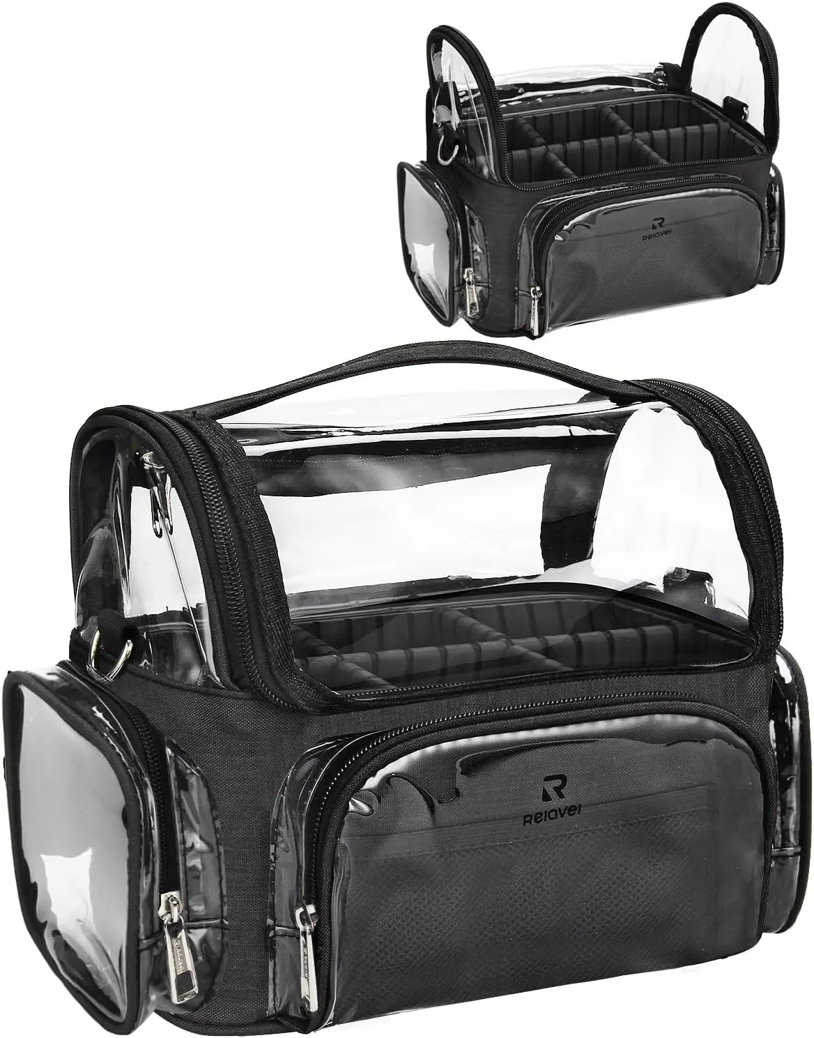 Makeup Brush Bag, Clear Makeup Brush Holder Professional Makeup Artist Travel Case Waterproof Cosmetic Organizer Bag, Full Open Easy to Access, with Adjustable Shoulder Strap and DividersGift.