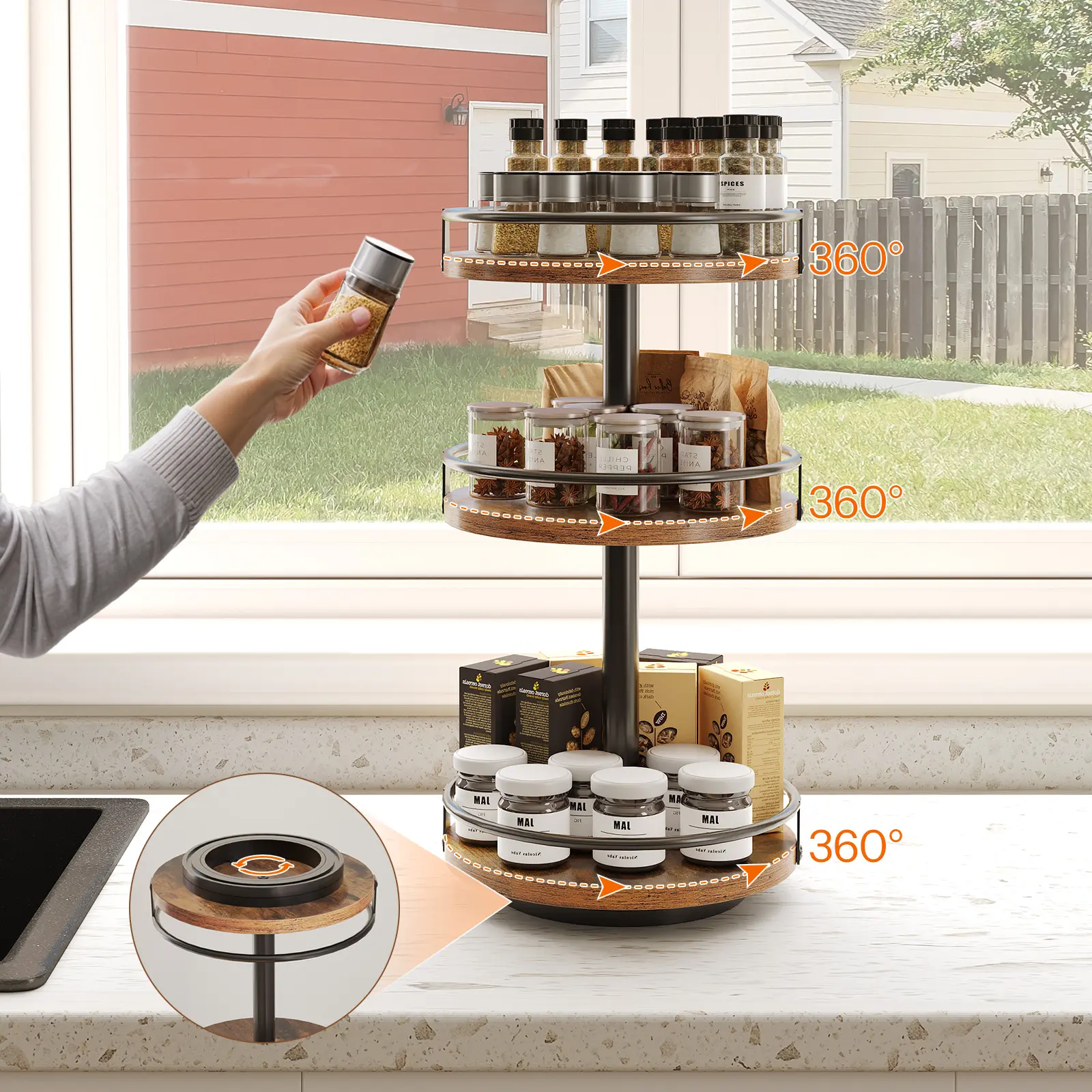 HOOBRO Lazy Susan Organizer, Rotating Spice Rack, 3-Tier Organizer, Turntable Spice Rack, Vertical Storage Organizer, for Kitchen Countertop, Vanity, Dining Table, Rustic Brown and Black